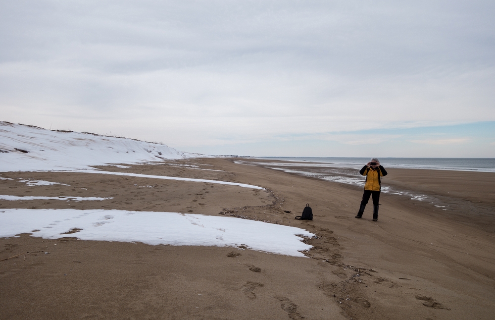 Joyce taking a photo of me with her new cell phone.<br />The first 40+ degree day since Jan. 19.<br />March 4, 2015 - Parker River National Wildlife Refuge, Plum Island, Massachusetts.