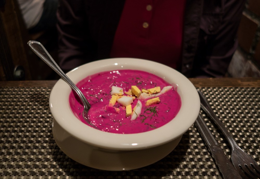 Delicious cold borscht soup.<br />Mama Papa Lithuania restaurat.<br />March 26, 2015 - Alameda, California.