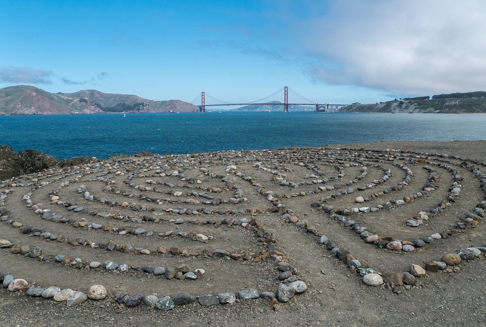 The Labyrinth off the Costal Trail with the Golden Gate Bridge in the background.<br />March 27. 2015 - Lands End, San Francisco, California.