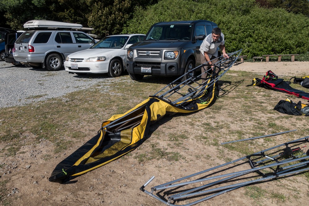 Sati assembling his kayak.<br />March 28, 2015 - Inverness, California.
