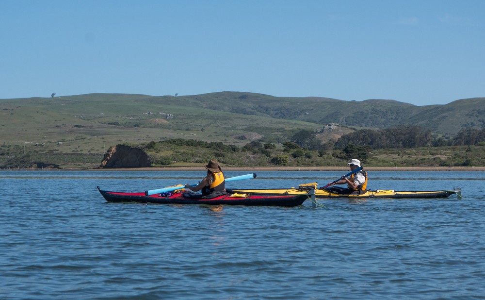 Melody and Sati in their folding kayaks.<br />March 28, 2015 - Tomales Bay, California.