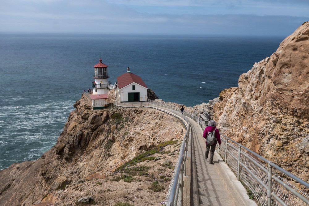 Joyce heading down to the lighthouse.<br />March 30, 2015 - Lighthouse, Point Reyes, California.