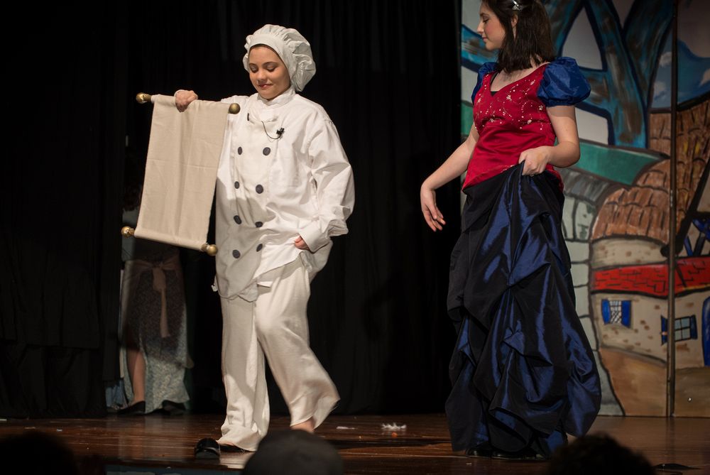 Miranda as the court chef with the queen.<br />Miscoe Youth Theater performance of 'Cinderella'.<br />April 11, 2015 - Miscoe Hill School, Mendon, Massachusetts.