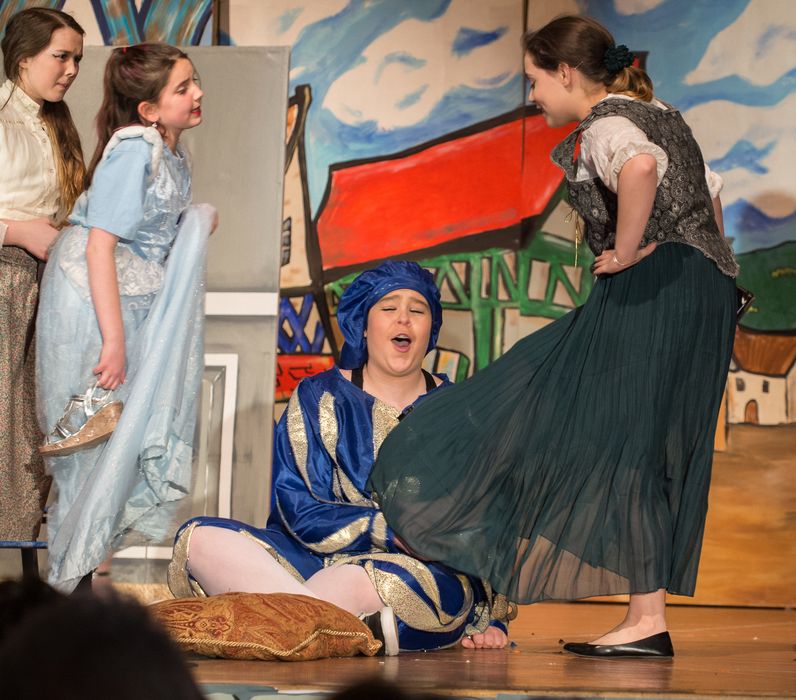 Miranda as one of the girls trying on the shoe.<br />Miscoe Youth Theater performance of 'Cinderella'.<br />April 11, 2015 - Miscoe Hill School, Mendon, Massachusetts.