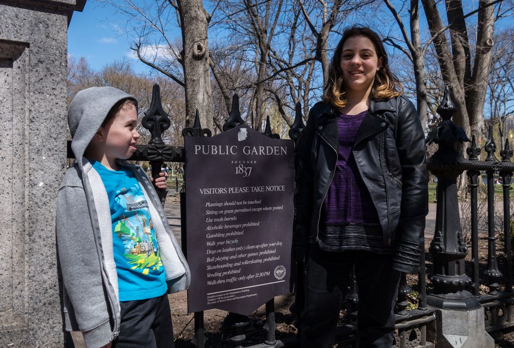 Matthew and Miranda at one of the entrances to the Public Garden.<br />April 19, 2015 - Public Garden, Boston, Massachusetts.