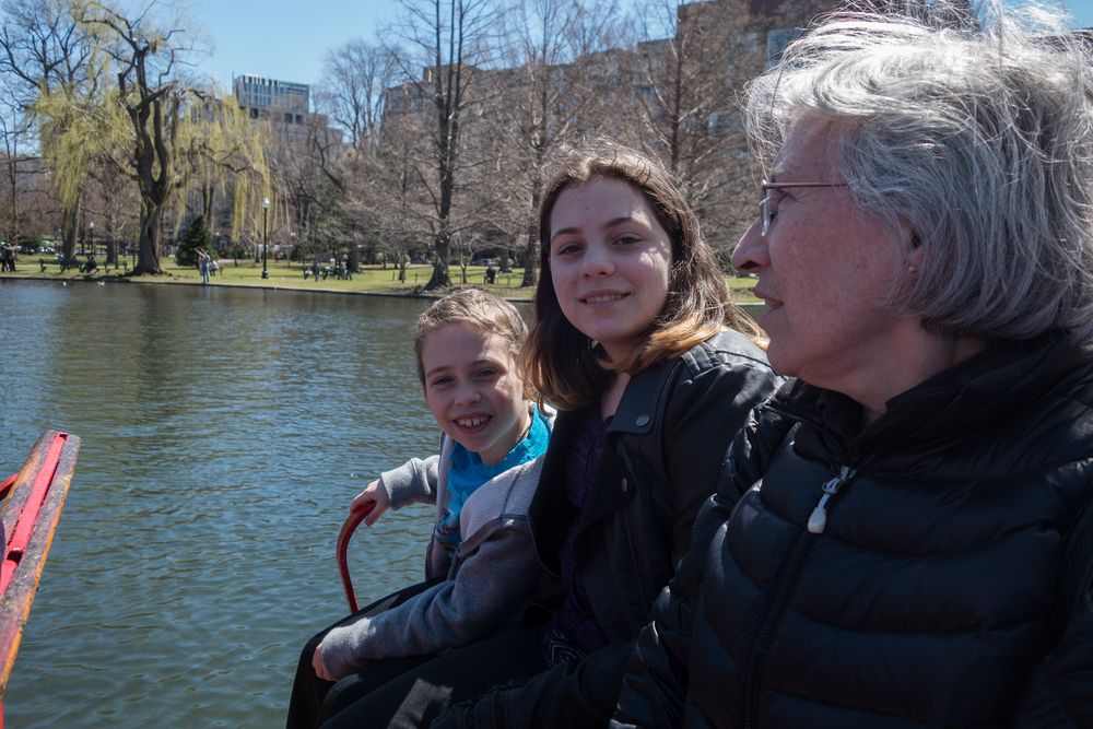 Matthew, Miranda, and Joyce on a swan boat on the Lagoon.<br />April 19, 2015 - Public Garden, Boston, Massachusetts.