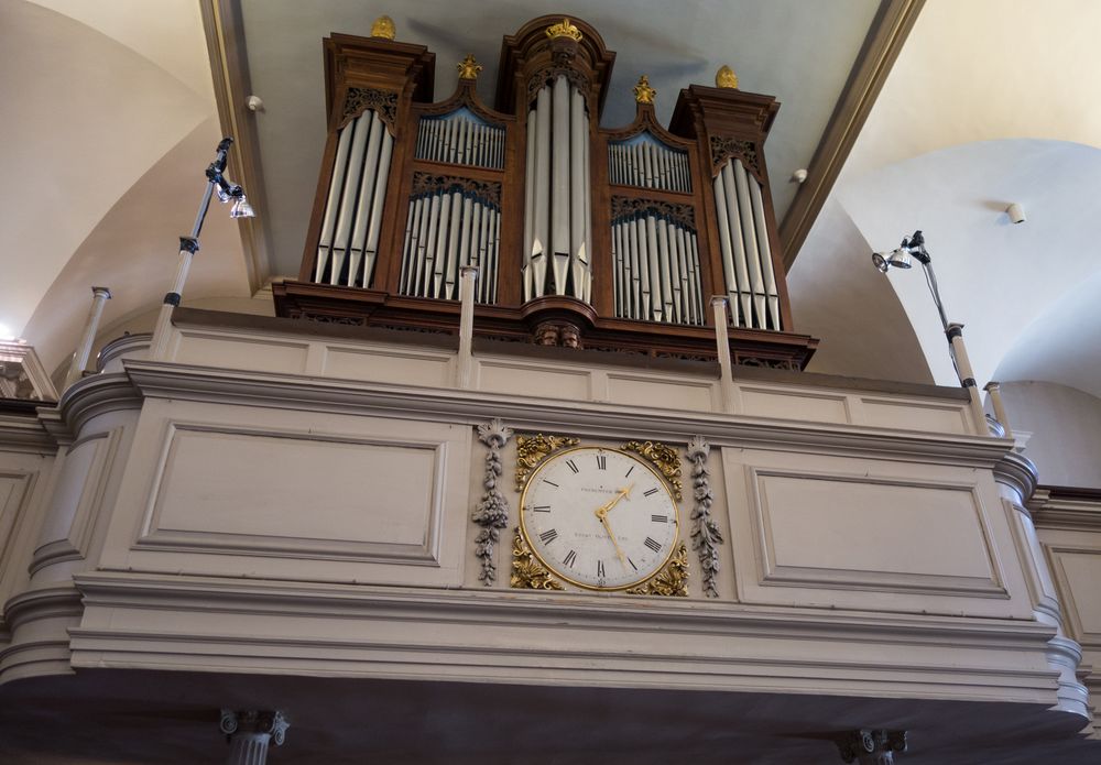 The organ and clock in King's Chapel.<br />April 19, 2015 - Boston, Massachusetts.