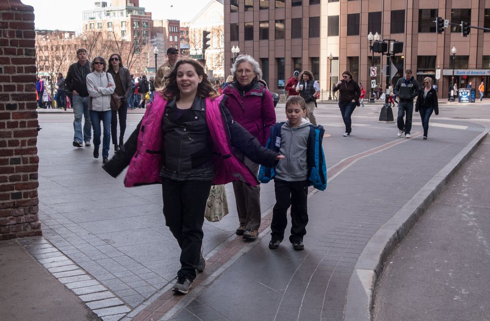 Miranda, Joyce, and Matthew following the Freedom Trail.<br />April 19, 2015 - Boston, Massachusetts.