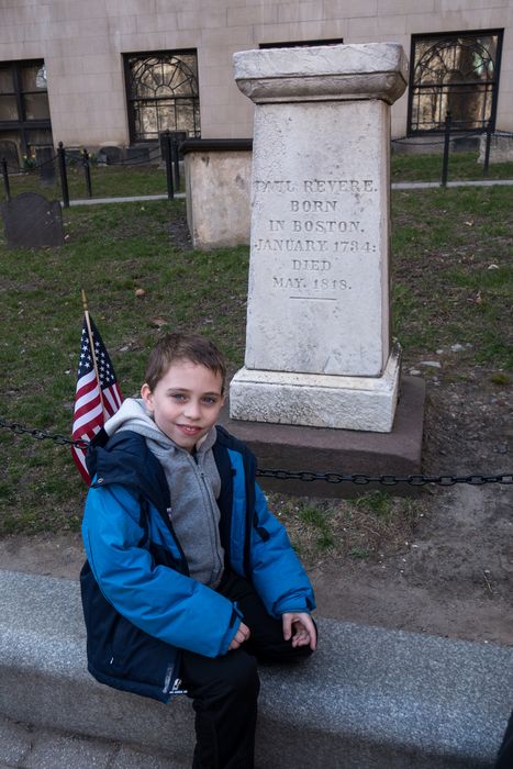 Matthew and the Paul Revere monument at the Granary Burying Ground.<br />April 19, 2015 - Boston, Massachusetts.