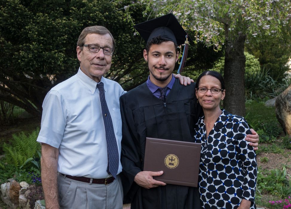 Proud parents Juris and Nancy with graduate Eriks.<br />Eriks' graduation from Tufs party.<br />May 17, 2015 - At Uldis and Edite's in Manchester by the Sea, Massachusetts.
