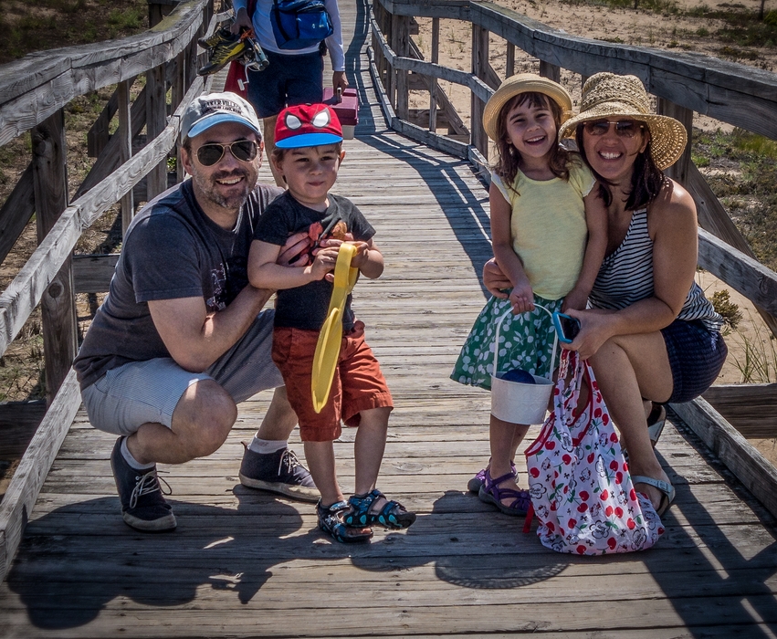 Julian, Edgar, Alina, and Gisela on boardwalk from parking lot # 1.<br />June 13, 2015 - Parker River National Wildlife Refuge, Massachusetts.