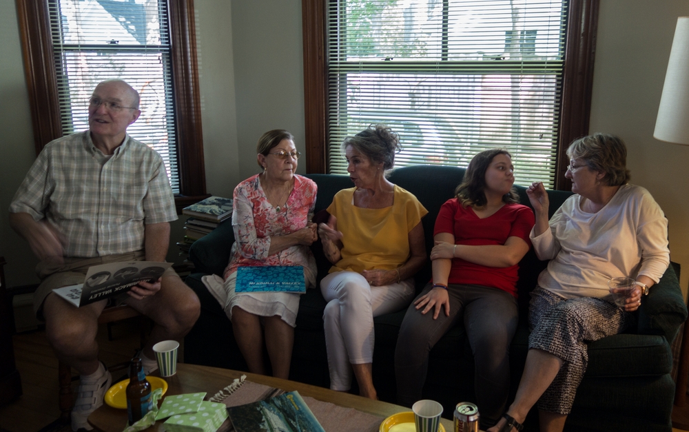 Pete, Ana, Helen, Miranda, and Linda.<br />Egils' 75th and Carl's 46th birthday celebration.<br />June 13, 2015 - At home in Merrimac, Massachusetts.