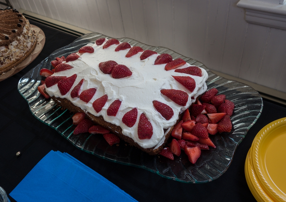 The traditional strawberry cake by Joyce.<br />Egils' 75th and Carl's 46th birthday celebration.<br />June 13, 2015 - At home in Merrimac, Massachusetts.