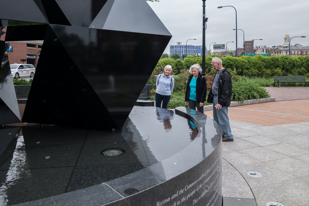 Baiba, Joyce, and Ronnie.<br />Sculpture is by Donald Tellalian and a gift of the Armenian-American community.<br />June 16, 2015 - Along the Greenway in Boston, Massachusetts.