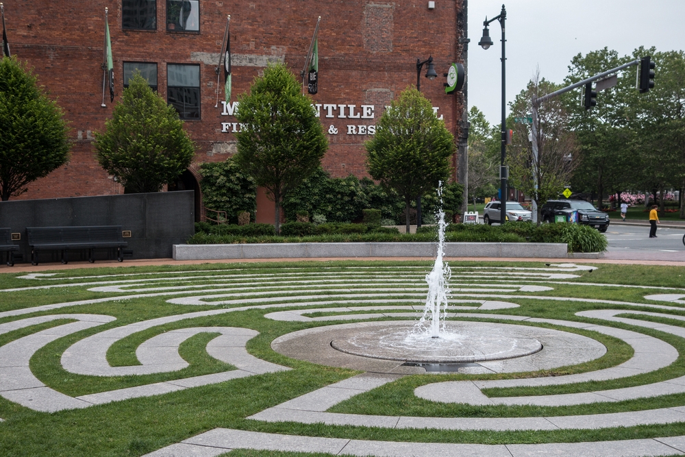 Labyrinth with fountain.<br />June 16, 2015 - Along the Greenway in Boston, Massachusetts.