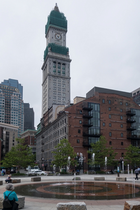 Joyce, Rings Fountain, Custon House Tower.<br />June 16, 2015 - Along the Greenway in Boston, Massachusetts.