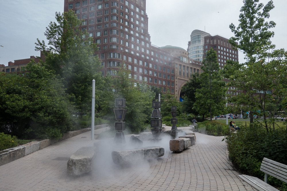 Ross Miller sculpture 'Harbor Fog', installed in 2008.<br />June 16, 2015 - Along the Greenway in Boston, Massachusetts.