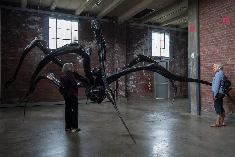 Joyce and Baiba examining Louise Bourgeois' spider.<br />June 18, 2015 - Dia Beacon, Beacon, New York.