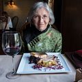 Joyce and her salmon dish.<br />June 21, 2015 - At the Mombo Restaurant in Portsmouth, New Hampshire.