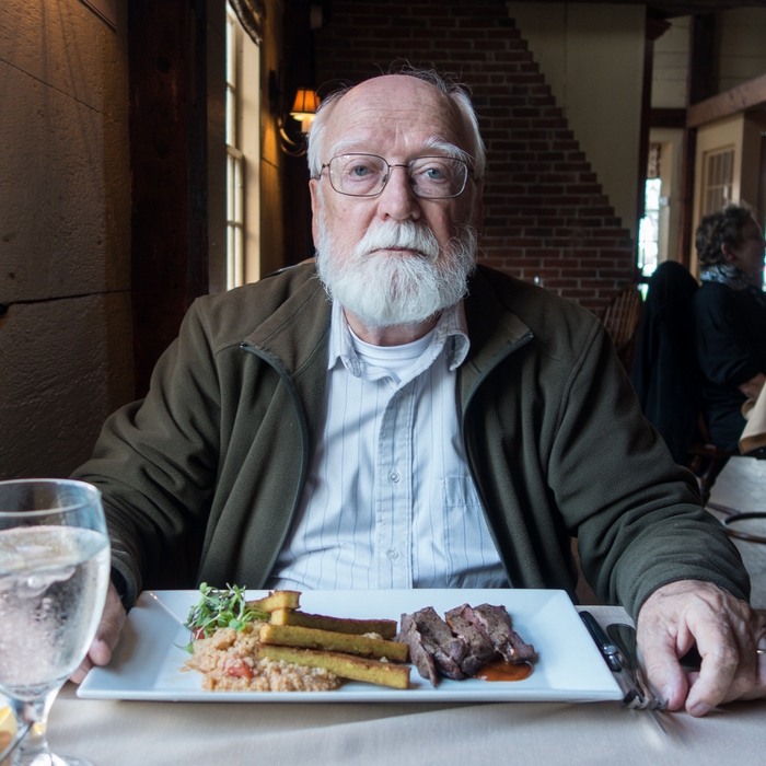 Egils and his flat iron stake dish.<br />June 21, 2015 - At the Mombo Restaurant in Portsmouth, New Hampshire.
