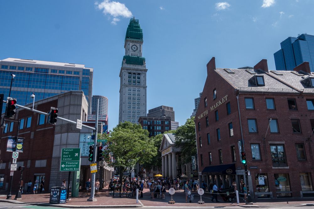 Looking along Commercial Street.<br />July 3, 2015 - Along the Greenway in Boston, Massachusetts.