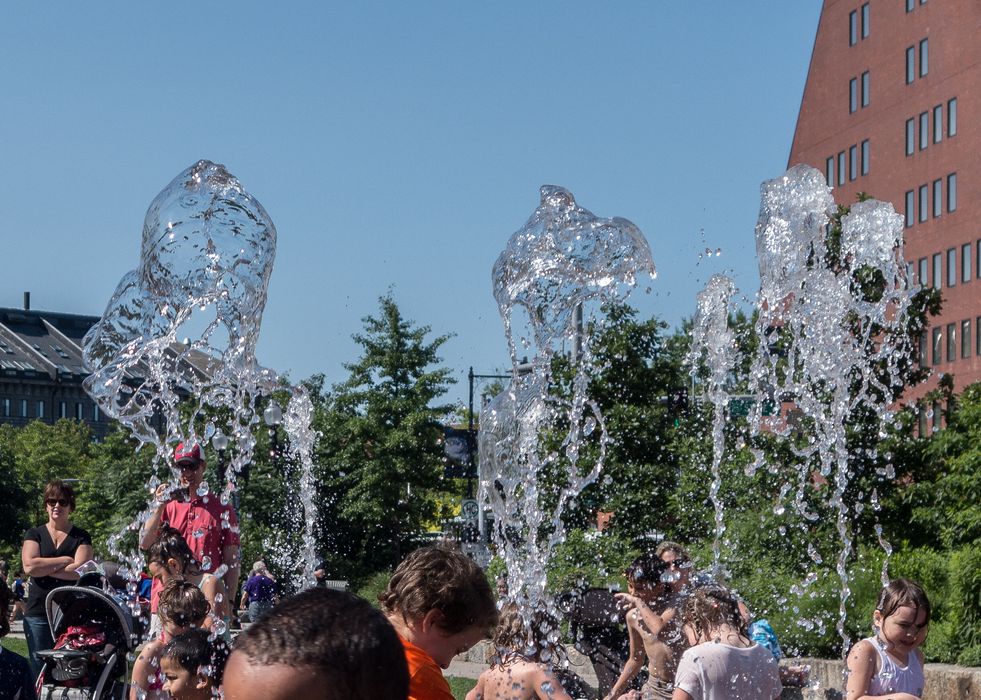 Frozen water.<br />Matthew (in orange shirt) at the Rings Fountain.<br />July 3, 2015 - Along the Greenway in Boston, Massachusetts.