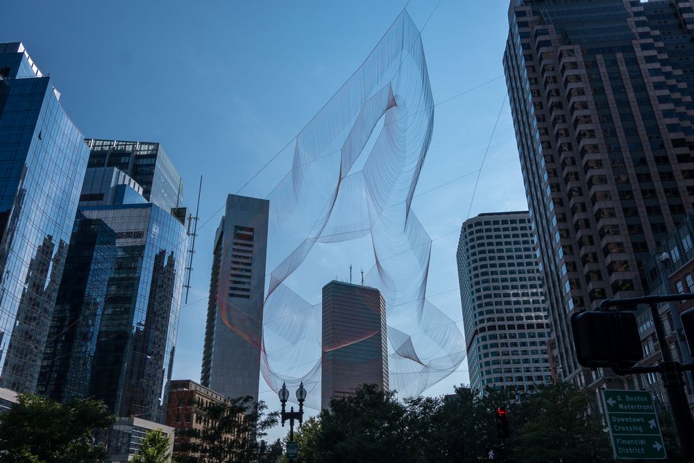 Janet Echelman's "As If It Were Already Here".<br />July 3, 2015 - Along the Greenway in Boston, Massachusetts.