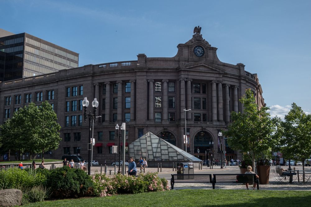 South Station.<br />July 3, 2015 - Along the Greenway in Boston, Massachusetts.