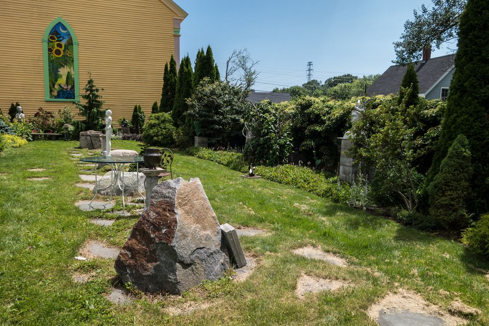 Joyce's sculpture "Elision" in the sculpture garden.<br />July 7, 2015 - Sanctuary Arts, Eliot, Maine.