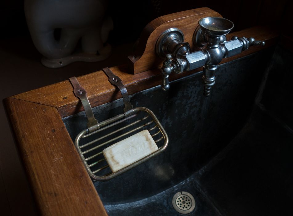 The 1890 Farm House bathroom with hot and cold water, unusual at the time.<br />July 14, 2015 - Biliings Farm and Museum in Woodstock, Vermont.
