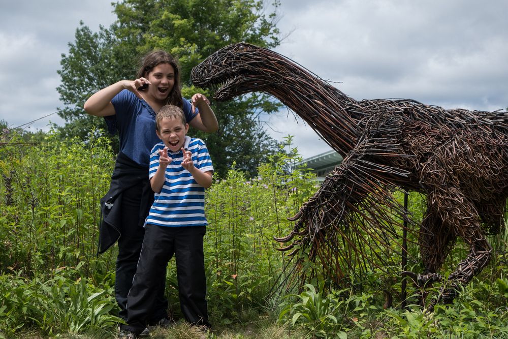 Miranda, Matthew and Dina, the Deinonychus (by Brian East & Amy Rawson).<br />July 15, 2015 - Vermont Institute of Natural Science, Quechee, Vermont.