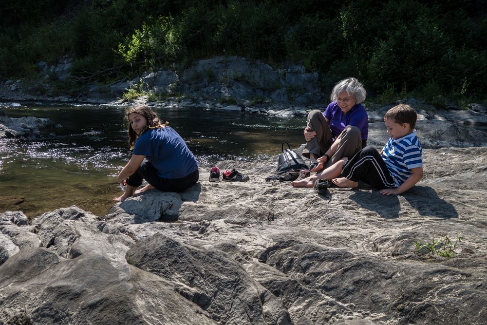 Miranda, Joyce, and Matthew getting ready to do some wading.<br />July 15, 2015 - Quechee Gorge, Quechee, Vermont.