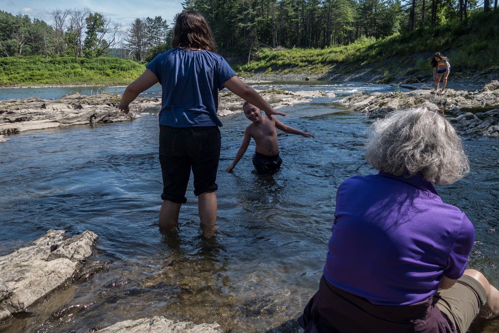 Miranda and Matthew playing while Joyce watches.<br />July 15, 2015 - Quechee Gorge, Quechee, Vermont.