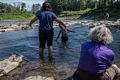 Miranda and Matthew playing while Joyce watches.<br />July 15, 2015 - Quechee Gorge, Quechee, Vermont.