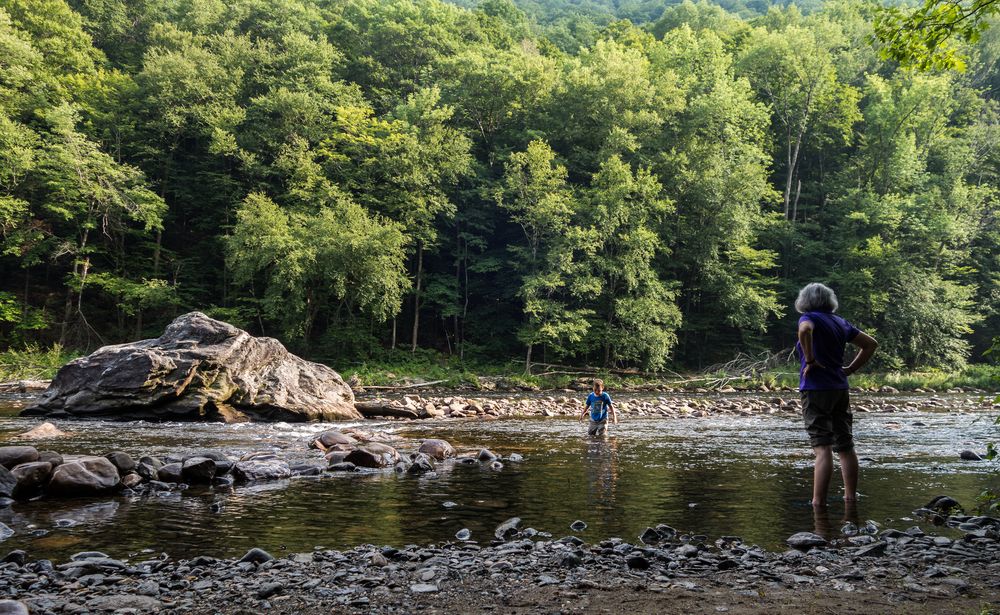Joyce keeping an eye on Matthew.<br />Along the Deerfield River.<br />July 26, 2015 - Charlemont, Massachusetts.