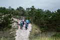 Joyce, Deb, Matthew, and Miranda on trail on dunes at Castle Neck.<br />Theo Jansen's Strandbeests.<br />Aug. 22, 2015 - Cranes Beach, Ipswich, Massachusetts.