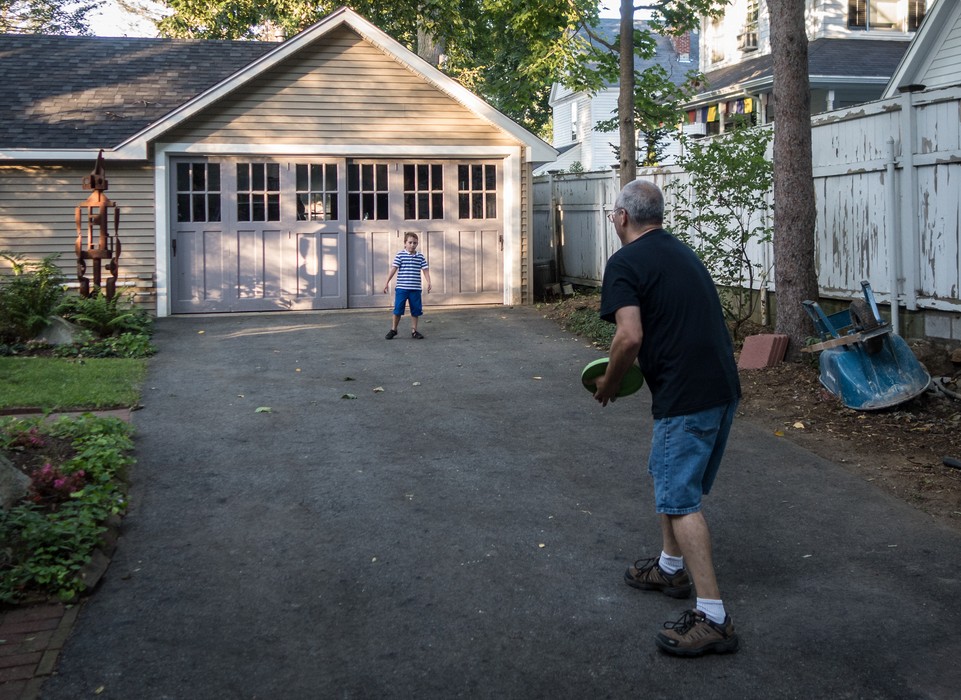 Matthew and Carl playing frisbee.<br />Sept. 6, 2015 - At home in Merrimac, Massachusetts.