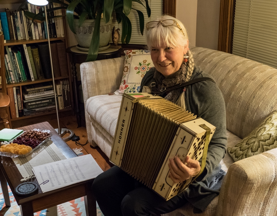 Nancy playing her accordion.<br />Guitar makers party.<br />Oct. 24, 2015 - At home in Merrimac, Massachusetts.