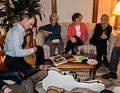 Oscar playing Carl's guitar, Bonnie, Sarah, and Cindia.<br />Guitar makers party.<br />Oct. 24, 2015 - At home in Merrimac, Massachusetts.