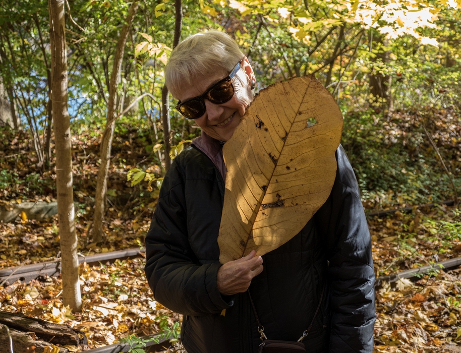 Baiba with big leaf.<br />Oct. 30, 2015 - Lake Roland Park, Towson, Maryland.
