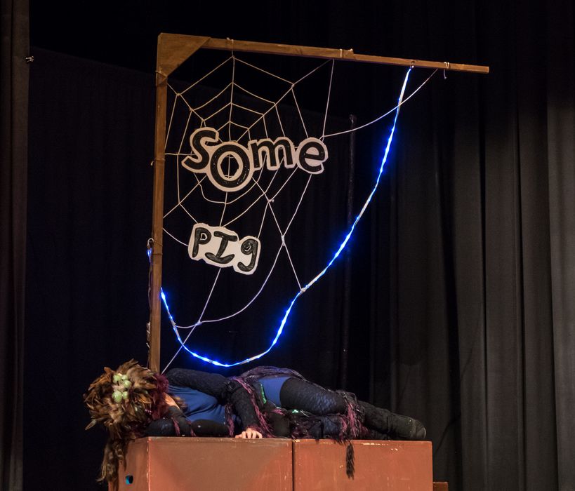 Charlotte resting after the effort of spinning words.<br />A performance of 'Charlotte's Web' at the Miscoe Hill Middle School.