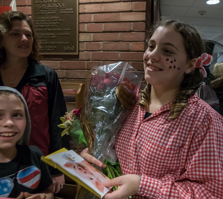 Matthew, Holly, and Miranda happy with the performance.<br />A performance of 'Charlotte's Web' at the Miscoe Hill Middle School.