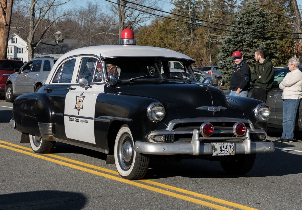 The Donut Shop Inspector's patrol car.<br />Santa Parade.<br />Dec. 6, 2015 - Merrimac, Massachusetts.