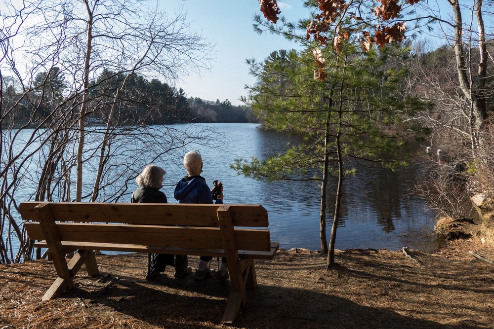 Joyce and Deb along Lake Gardner.<br />Powwow River Conservation Area.<br />Dec. 10, 2015 - Amesbury, Massachusetts.