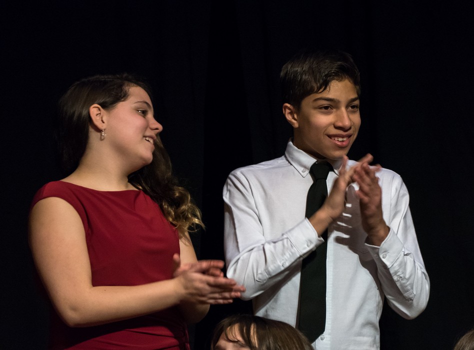 Miranda and Felype cheering for someones award.<br />One Act Play Competition.<br />Dec. 18, 2015 - Miscoe Hill Middle School, Mendon, Massachusetts.