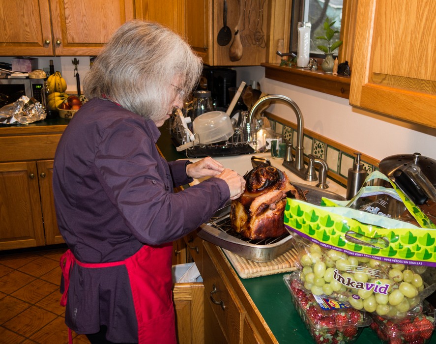 Joyce preparing the dinner ham.<br />Dec. 24, 2015 - Christmas eve at home in Merrimac, Massachusetts.