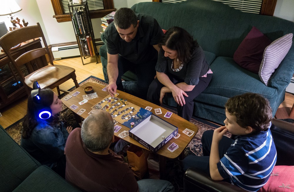 Miranda, Carl, Sati, Miranda, and Matthew playing 'Lemmings Mafia'.<br />Dec. 24, 2015 - Christmas eve at home in Merrimac, Massachusetts.