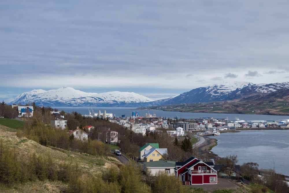 Overlooking Akureyri and Eyjafjrur (Eyja fyord).<br />Mt. Kaldbakur (1174m, 3852 ft) in back boasts the longest ski run in Iceland.<br />May 25, 2015 - Akureyri, Iceland.