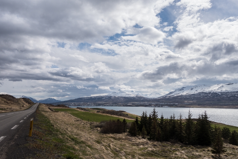 View towards Akureyri.<br />May 25, 2015 - On Highway #1 east of Akureyri, Iceland.