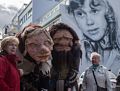 Tourists posing with Grla and her husband Leppali.<br />May 26, 2015 - Akureyri, Iceland.